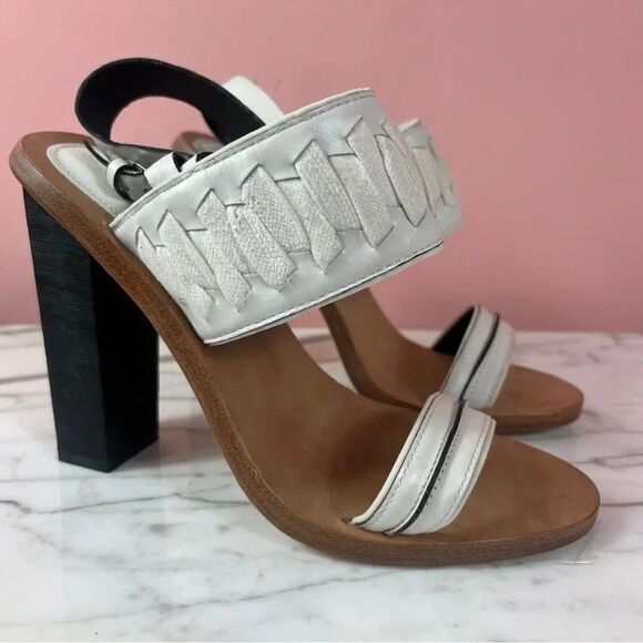 L.A.M.B Women’s Valiant Heeled Sandals Leather White Black 7.5 5” Heel - Picture 1 of 12
